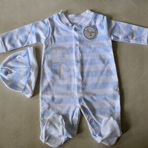 ​🧸 Newborn Baby Boy Striped Sleeper & Hat Set